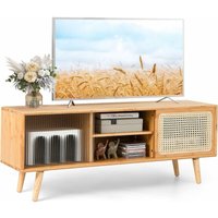 TV-Schrank mit 2 Schiebetüren (Glas&Bambus), 2 Fächer, TV-Ständer für Fernseher bis zu 55 Zoll, Lowboard 120,5cm - Costway von COSTWAY