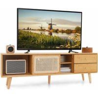 Tv Schrank, Bambus tv Board für TVs bis 65 Zoll, Fernsehtisch mit Rattan- & Glasschiebetüren, Fernsehschrank mit 2 Schubladen, Lowboard 140 cm lang von COSTWAY