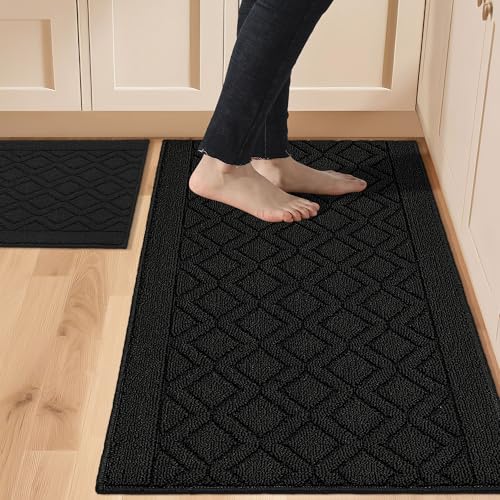 COSY HOMEER 121,9 x 50,8 cm/76,2 x 50,8 cm Küchenteppichmatten aus 100% Polypropylen, 2 Stück, weiche Küchenmatte, spezialisiert auf rutschfest und maschinenwaschbar, schwarz von COSY HOMEER