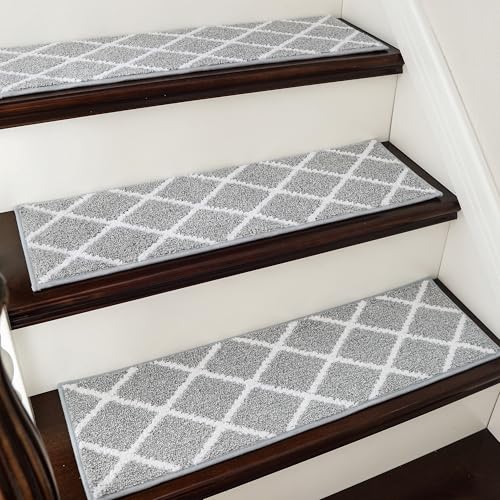 COSY HOMEER 15 Stück Treppenstufen Matten, 70 x 22cm Anti Rutsch Stufenmatten Selbstklebend, Maschinenwaschbar, 100% Polyester, TPE-Rücken, Ideal für Kinder, Senioren und Haustiere, Grau Weiß von COSY HOMEER