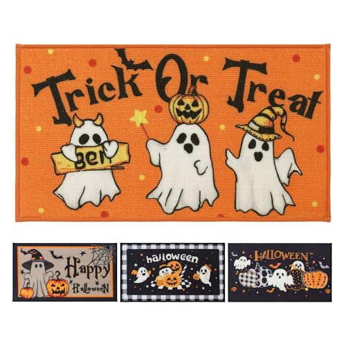 COSY HOMEER Halloween Deko Fußmatte Innen 43 x 76 cm, Kürbis Schmutzfangmatte Waschbar, Eingangsteppich Sauberlaufmatte Hundeteppich Maschinenwaschbar, Oranger Geist von COSY HOMEER