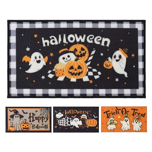 COSY HOMEER Halloween Deko Fußmatte Innen 43 x 76 cm, Kürbis Schmutzfangmatte Waschbar, Eingangsteppich Sauberlaufmatte Hundeteppich Maschinenwaschbar, Schwarzes Karomuster von COSY HOMEER