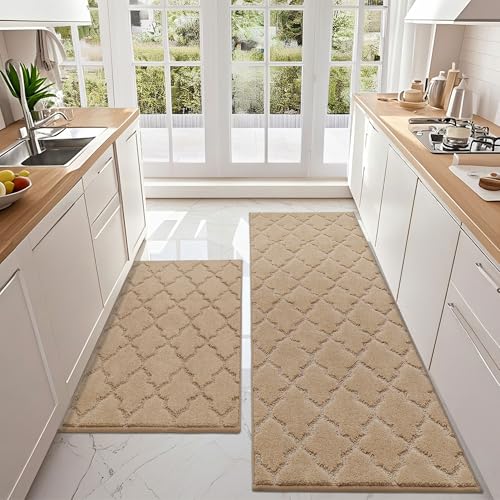 COSY HOMEER Küchenteppich 2 Stück, Teppich Küche Waschbar rutschfest, Küchenläufer, Teppichläufer Flur, Teppich Läufer für Küche, Flur, Wohnraum (60 x 90 cm + 60 x 150 cm, Beige) von COSY HOMEER