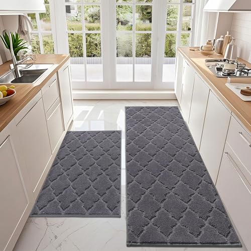 COSY HOMEER Küchenteppich 2 Stück, Teppich Küche Waschbar rutschfest, Küchenläufer, Teppichläufer Flur, Teppich Läufer für Küche, Flur, Wohnraum (60 x 90 cm + 60 x 150 cm, Dunkelgrau) von COSY HOMEER