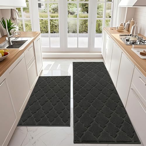 COSY HOMEER Küchenteppich 2 Stück, Teppich Küche Waschbar rutschfest, Küchenläufer, Teppichläufer Flur, Teppich Läufer für Küche, Flur, Wohnraum (60 x 90 cm + 60 x 150 cm, Schwarz) von COSY HOMEER