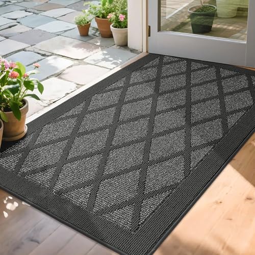 COSY HOMEER Rutschfeste Fußmatte, 91,4 x 152,4 cm, Eingangsteppich, niedriges Profil, saugfähig, Schmutzfangmatte für den Vordereingang, waschbare Polypropylen-Eingangsmatte (dunkelgrau) von COSY HOMEER