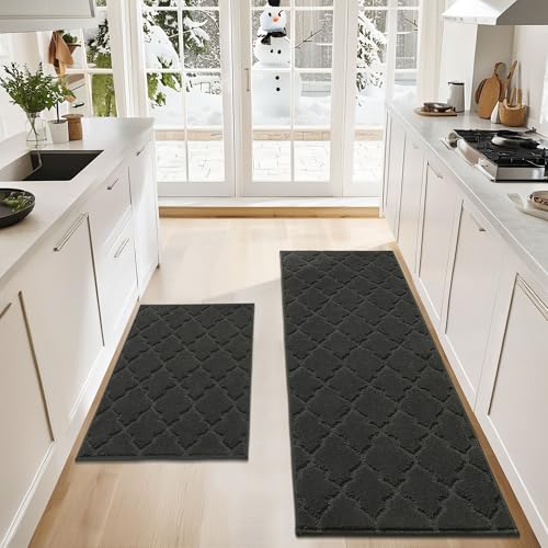 COSY HOMEER Weiche Küchenteppiche [2 Stück] für die Vorderseite der Spüle, super saugfähige Küchenfußmatten und -matten, 61 x 89 cm, rutschfeste Küchenmatte, Stehmatte, waschbar, Polyester, Schwarz von COSY HOMEER