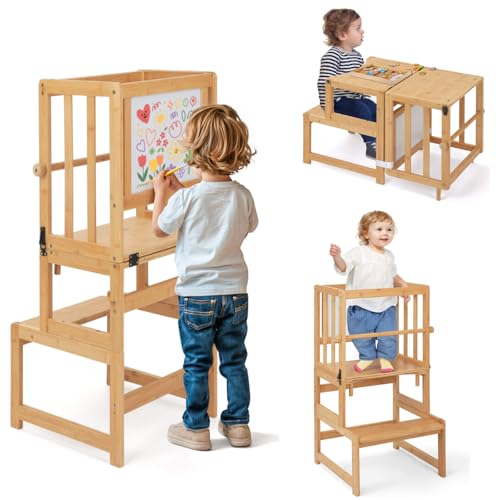 COSYLAND 3-in-1 Kleinkind-Küchenhocker Helfer - Umwandelbarer Stehturm mit Whiteboard für Kinder - Kinderbadezimmer Küche Theke Helfer - Mutterhelfer Turm Lernhocker (Natur) von COSYLAND