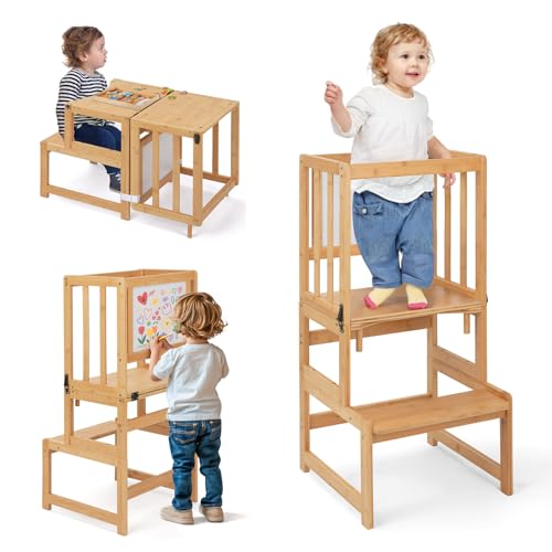 COSYLAND 3-in-1 Lernturm für Kinder - Klappbarer Learning Tower mit Tafel - Multifunktionaler, Faltbarer Holz-Lernturm für Küche, Tisch und Bad, ab 18 Monaten (Naturfarbe) von COSYLAND