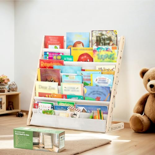 COSYLAND Bücherregal Kinder mit 6 Oxford-Stoff Fächern - Kinderbücherregal aus Naturholz - Bücherregal Kinderzimmer mit abgerundeten Ecken & großer Kapazität 75L x 30B x 76H cm(Naturholzfarbe) von COSYLAND