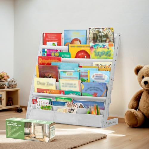 COSYLAND Bücherregal Kinder mit 6 Oxford-Stoff Fächern - Kinderbücherregal aus Naturholz - Bücherregal Kinderzimmer mit abgerundeten Ecken & großer Kapazität 75L x 30B x 76H cm(Weiß) von COSYLAND