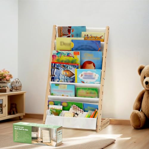 COSYLAND Bücherregal Kinder mit 6 Oxford-Stoff Fächern - Kinderbücherregal aus Naturholz - Bücherregal Kinderzimmer mit abgerundeten Ecken & platzsparend 42L x 30B x 76H cm（Naturholzfarbe von COSYLAND