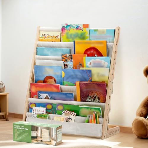COSYLAND Bücherregal Kinder mit 6 Oxford-Stoff Fächern - Kinderbücherregal aus Naturholz - Bücherregal Kinderzimmer mit abgerundeten Ecken & platzsparend 63L x 30B x 76H cm（Naturholzfarbe von COSYLAND