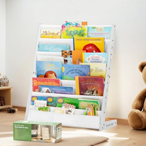 COSYLAND Bücherregal Kinder mit 6 Oxford-Stoff Fächern - Kinderbücherregal aus Naturholz - Bücherregal Kinderzimmer mit abgerundeten Ecken & platzsparend 63L x 30B x 76H cm(Weiß COSYLAND Bücherregal Kinder mit 6 Oxford-Stoff Fächern - Kinderbücherregal aus Naturholz - Bücherregal Kinderzimmer mit abgerundeten Ecken & platzsparend 63L x 30B x 76H cm(Weiß von COSYLAND