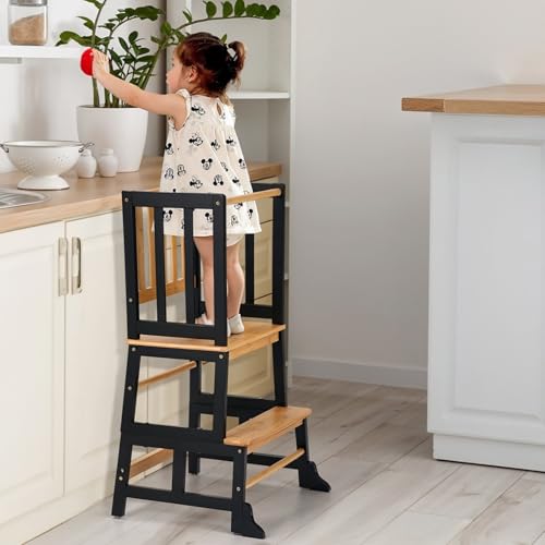 COSYLAND Kleinkind-Küchen-Tritthocker mit Kippschutzblöcken, für Kinderzimmer, Stehturm für Küche, Theke, Badezimmer, Spüle, Lernhocker für Kinder, mit abnehmbaren seitlichen Schutzschienen (schwarz COSYLAND Kleinkind-Küchen-Tritthocker mit Kippschutzblöcken, für Kinderzimmer, Stehturm für Küche, Theke, Badezimmer, Spüle, Lernhocker für Kinder, mit abnehmbaren seitlichen Schutzschienen (schwarz von COSYLAND