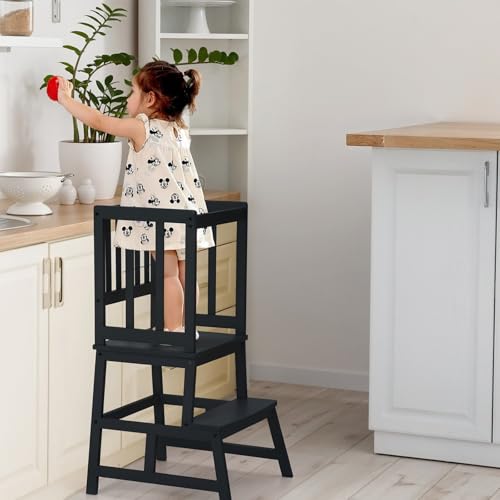 COSYLAND Lernturm ab 1 Jahr – Stabiler A-förmiger Learning Tower für Kinder – Anti-Rutsch, abnehmbar als Tritthocker, runde Ecken, kinderfreundlich – Schwarz von COSYLAND