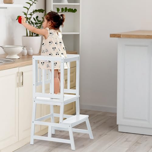 COSYLAND Lernturm ab 1 Jahr – Stabiler A-förmiger Learning Tower für Kinder – Anti-Rutsch, abnehmbar als Tritthocker, runde Ecken, kinderfreundlich – Weiß von COSYLAND