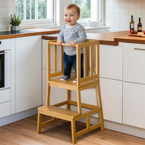 COSYLAND Lernturm ab 1 Jahr - Stylisch Learning Tower - Massiv Montessori Lernturm Kinder - Patented Design Kitchen Helper -Anti-Tip Lernstuhl Kinder ab 1 Jahr - Montessori Turm - Bambusfarbe von COSYLAND