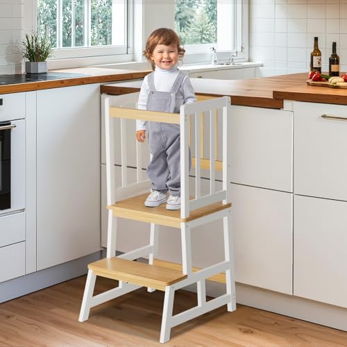 COSYLAND Lernturm ab 1 Jahr - Stylisch Learning Tower - Massiv Montessori Lernturm Kinder - Patented Design Kitchen Helper -Anti-Tip Lernstuhl Kinder ab 1 Jahr - Montessori Turm - Weiß + Eiche von COSYLAND