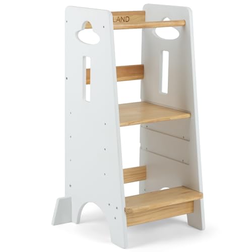 COSYLAND Lernturm ab 1 Jahr - Höhenverstellbarer Learning Tower für Kinder (3-stufig) - Montessori Lernturm mit Kippschutz & Massivholz (Holzfarbe und Weiß) von COSYLAND