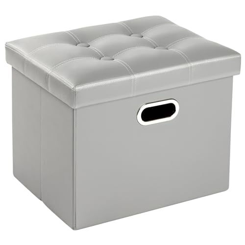 COSYLAND Sitzhocker mit Stauraum, Faltbare Sitzbank, Sitztruhe aus Kunstleder, gepolstert Sitzwürfel Fußhocker Aufbewahrungsbox mit Deckel, für Wohnzimmer Schlafzimmer, 43 * 33 * 33 cm (Hellgrau) von COSYLAND