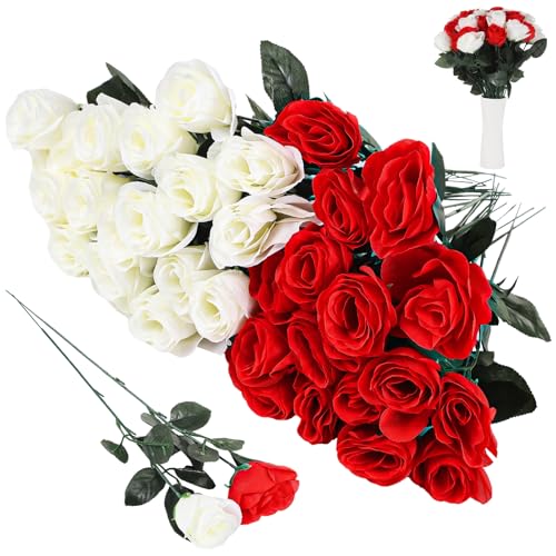 COSYOO 36 Stück rote und weiße künstliche Rosen, Brautstrauß, Tafelaufsatz, 41,9 cm, realistische Seidenrosen, künstliche Seidenrosen, Stiel, realistische künstliche Blumen, Großdekoration COSYOO 36 Stück rote und weiße künstliche Rosen, Brautstrauß, Tafelaufsatz, 41,9 cm, realistische Seidenrosen, künstliche Seidenrosen, Stiel, realistische künstliche Blumen, Großdekoration von COSYOO