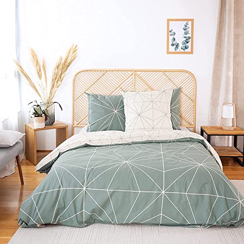 CÔTE DECO Bettwäsche mit Bettbezug 220 x 240 cm + 2 Kopfkissenbezüge 63 x 63 cm, Bettwäsche-Set für Doppelbett, geometrisch, Grün, 100% Bio-Baumwolle von CÔTE DECO