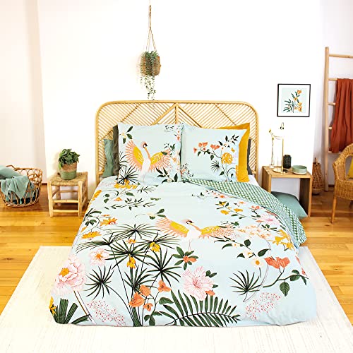 CÔTE DECO Bettwäsche, 1 Bettbezug + 2 Kissenbezüge, 63 x 63 cm, Bettwäsche-Set für Doppelbett, Grün, Rosa und Tropischblau, 100 % Baumwolle, weich (240 x 220 cm) von CÔTE DECO