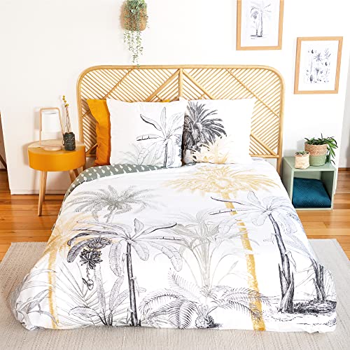 CÔTE DECO Bettwäsche, 1 Bettbezug + 2 Kopfkissenbezüge, 63 x 63 cm, Set Bettbezug für Doppelbett, Grün und Gelb, tropisch, 100 % weiche Baumwolle (240 x 220 cm) von CÔTE DECO
