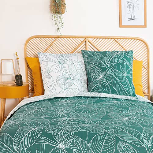 CÔTE DECO Bettwäsche für Doppelbett, Bettbezug 220 x 240 cm + 2 Kopfkissenbezüge 63 x 63 cm, Motiv tropische Blätter, 100 % weiche Baumwolle, Grün von CÔTE DECO