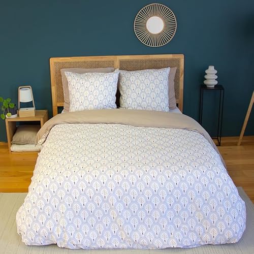 CÔTE DECO Bettwäsche für Erwachsene, 100 % Baumwolle, Bettbezug 220 x 240 cm + 2 Kopfkissenbezüge 63 x 63 cm, geometrisches Muster, Weiß und Beige (220 x 240 cm) von CÔTE DECO