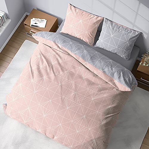 CÔTE DECO Bettwäsche mit Bettbezug 220 x 240 cm + 2 Kissenbezüge 63 x 63 cm für Doppelbett, geometrisch, Rosa und Grau, 100% Baumwolle von CÔTE DECO