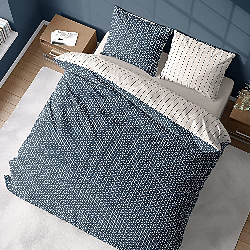 CÔTE DECO Bettwäsche mit Bettbezug 220 x 240 cm + 2 Kopfkissenbezüge 63 x 63 cm, für Doppelbett, geometrisch, Blau und Weiß, 100 % Baumwolle von CÔTE DECO