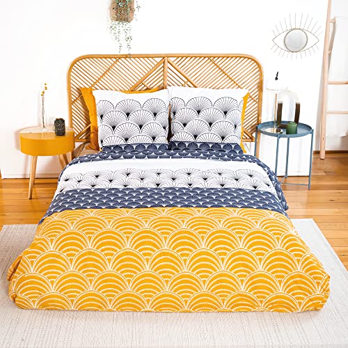 CÔTE DECO Bettwäsche mit Bettbezug 220 x 240 cm + 2 Kopfkissenbezügen 63 x 63 cm, Bettwäsche für Doppelbett, geometrisch, blau und gelb, 100 % Baumwolle, weich (240 x 220 cm) von CÔTE DECO