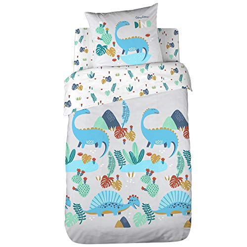 CÔTE DECO Wendebettwäsche für Kinder, Motiv: Dinosaurier, Grün, Bettbezug 140 x 200 cm + 1 Kissenbezug 63 x 63 cm, 100% Bio-Baumwoll* von CÔTE DECO