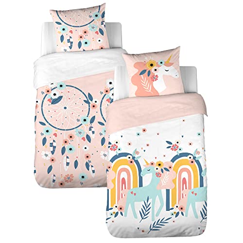CÔTE DECO Wendebettwäsche für Kinder, Motiv: Einhorn, Rosa und Traumfänger: Bettbezug 140 x 200 cm + 1 Kissenbezug 63 x 63 cm, 100% weiche Baumwolle von CÔTE DECO