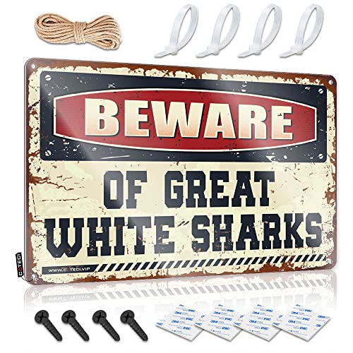 COTECI Metal Signage Beware Of Great White Sharks Metal Sign House Numbers 8 Inch Mancave Stuff For Men (Größe: 30X40CM) von COTECI