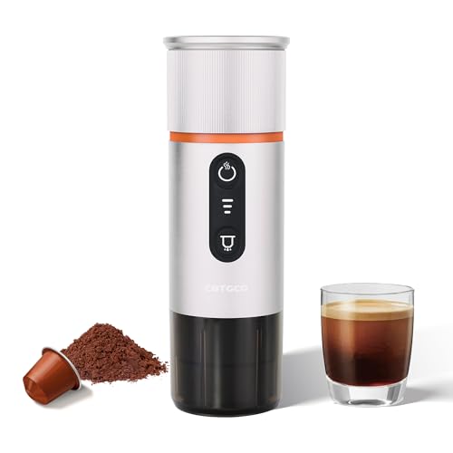 COTGCO Tragbare Kaffeemaschine mit Akku für Camping - Tragbare Espressomaschine für Reise - Erhitzt 40 ml Kaffee in 3 Minuten im Auto - Kaffee Genießen Outdoor - Kompatible Nespresso Kapseln - Weiß von COTGCO