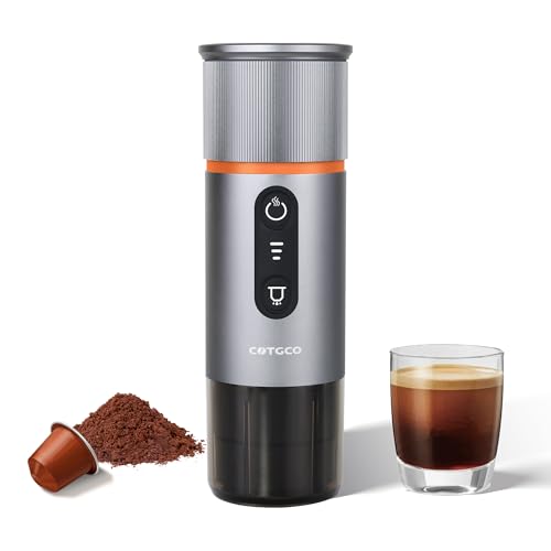 COTGCO Tragbare Kaffeemaschine mit Akku für Reise - Tragbare Espressomaschine für Auto - Erhitzt 40 ml Kaffee in 3 Minuten - Kaffee Genießen Outdoor - Kompatible Nespresso Kapseln - Grau von COTGCO