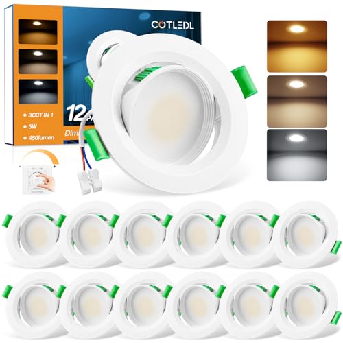 COTLEDL 12er LED Einbaustrahler 230V Dimmbar, 5W Flach LED Spot Warmweiß Neutralweiß Kaltweiß 68mm Lochmaß, IP44 Schwenkbar Spots Deckenleuchte Einbauleuchten für Badezimmer Wohnzimmer Küche von COTLEDL