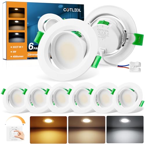 COTLEDL LED Einbaustrahler 230V Dimmbar, 5W LED Spots 68mm Lochmaß Warmweiß Neutralweiß Kaltweiß Deckenspots, IP44 Schwenkbar Einbauleuchten für Badezimmer Wohnzimmer Küche, 6er Set von COTLEDL