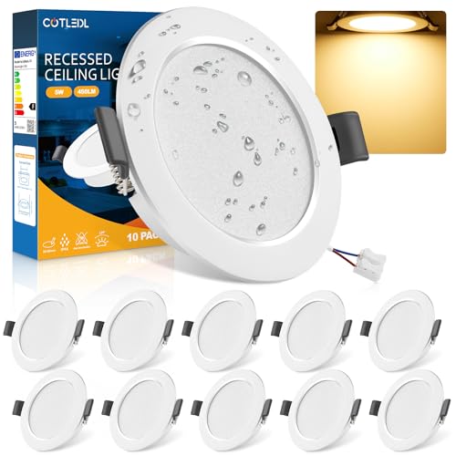 COTLEDL LED Einbaustrahler 230V Flach 10er Set, 5W LED Spots IP44 Bad Einbauleuchten Warmweiß 3000K Deckenspots, 450LM Einbaustrahler Einbauspot Loch 68-80mm für Badezimmer Wohnzimmer Küche von COTLEDL