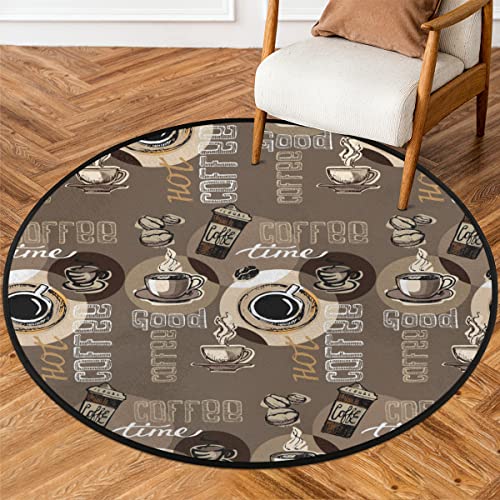 Doodle Cafe Kaffee Runde Teppiche Wohnzimmer, Kaffee Muster Bereich Teppich Waschbar Rutschfeste Bodenmatte Großer Teppich für Schlafzimmer 92cm von COTOT