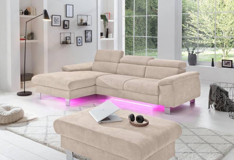 COTTA Ecksofa Komaris L-Form mit Kopfteilverstellung, wahlweise mit Bettfunktion, Bettkasten & Beleuchtung von COTTA