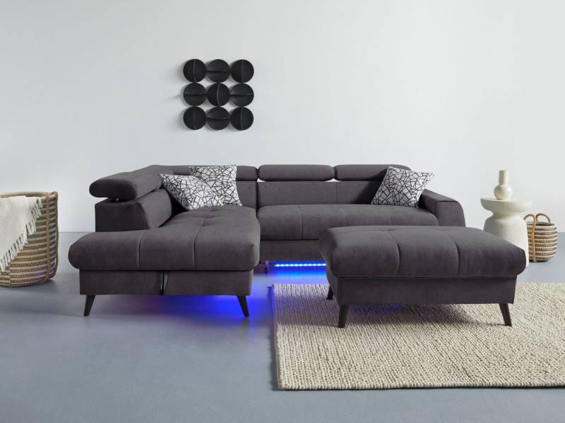 COTTA Ecksofa Mia L-Form mit 3 Zierkissen, wahlweise mit Bettfunktion, Bettkasten, Beleuchtung & Wireless-Charger von COTTA