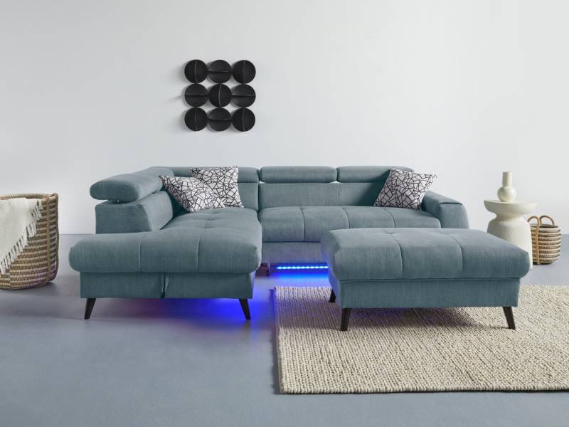 COTTA Ecksofa Mia L-Form mit 3 Zierkissen, wahlweise mit Bettfunktion, Bettkasten, Beleuchtung & Wireless-Charger von COTTA