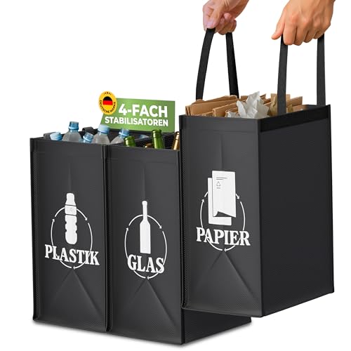 COTTARA® Mülltrennsystem 3fach Plastik, Glas, Papier | Stabiler Stand 4 x Stabilisatoren | Perfekt als Mülltrenner, Pfandflaschen Aufbewahrung, Recycling Behälter, Altpapier Sammler | Schwarz von COTTARA