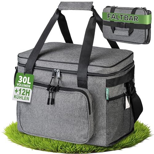Cottara® Faltbare Kühltasche groß mit wasserdichter Isolierung 30l – Große Kühltasche faltbar auslaufsicher – Ideale Einkaufstasche, Isoliertasche oder Picknicktasche – Grau von COTTARA
