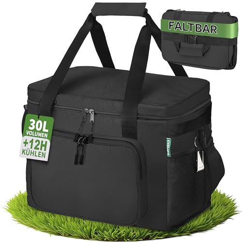 Cottara® Faltbare Kühltasche groß mit wasserdichter Isolierung 30l – Große Kühltasche faltbar auslaufsicher – Ideale Einkaufstasche, Isoliertasche oder Picknicktasche – Schwarz von COTTARA