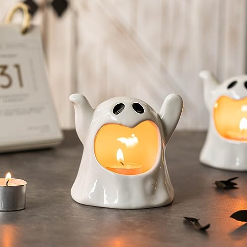 Halloween Deko Kerzenhalter, Halloween Geist Kerzenhalter aus Keramik, Halloween Teelichthalter, Niedlich Geist Keramik-Skulptur, Halloween Tischdeko, Halloween Dekoration (1 Stück) von COTTNY